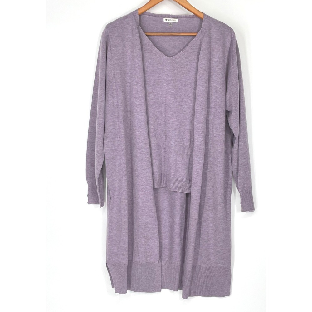 Spanner Women Tunic Sweater Set M Cardigan‎ Purple Heathered Knit Faux Twinset